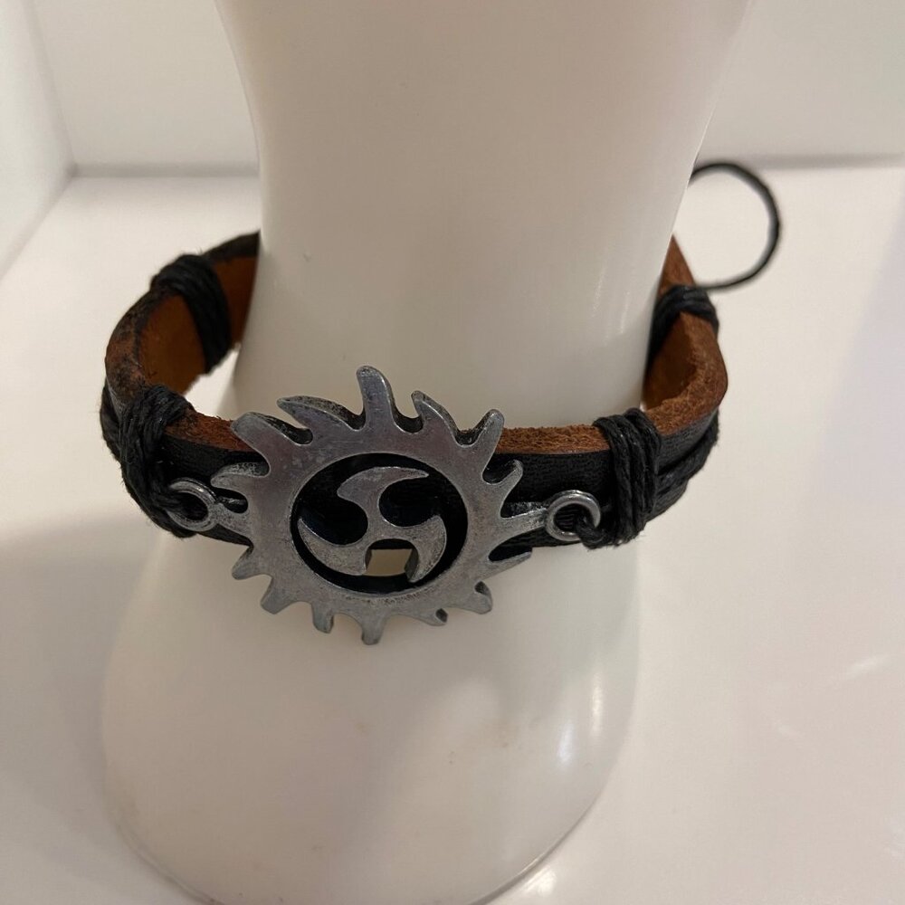 Handmade Leather & Cord Bracelet With Metal Tribal Sun Pendant Adjustable F